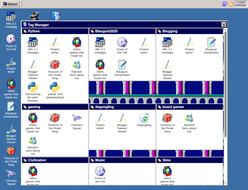 It shows the blog's current state. Blue background with icons. Grey tray and home menu above like in Windows XP. In the foreground, is an open window with nine child windows inside. Each tag has a child window featuring the icons of the posts that it has tagged.