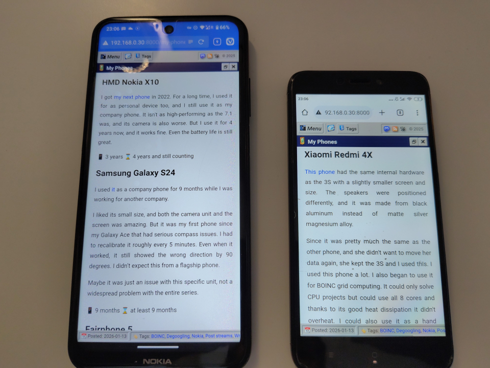 HMD Nokia X10 and Xiaomi Redmi 4X with their screen turned on. They are showing their section of this very post on their screens.
