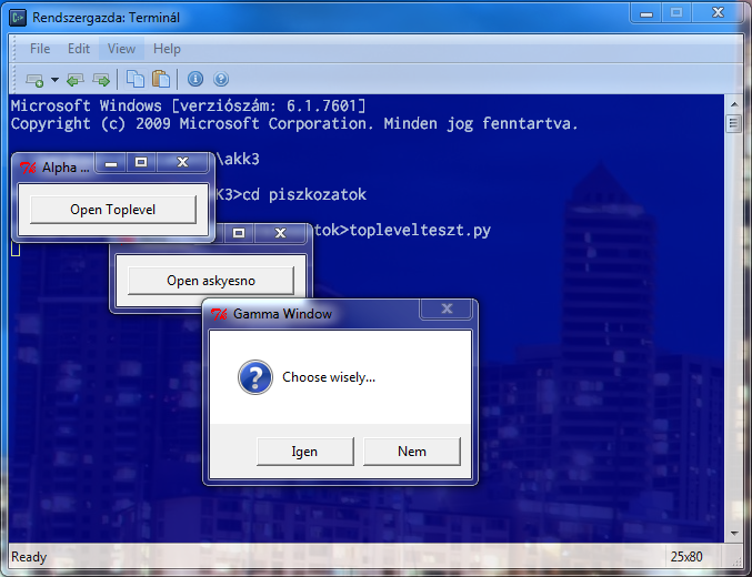 There are three small TkInter windows over a PowerShell window. The Beta window sank behind the Alpha window when the Gamma window opened.